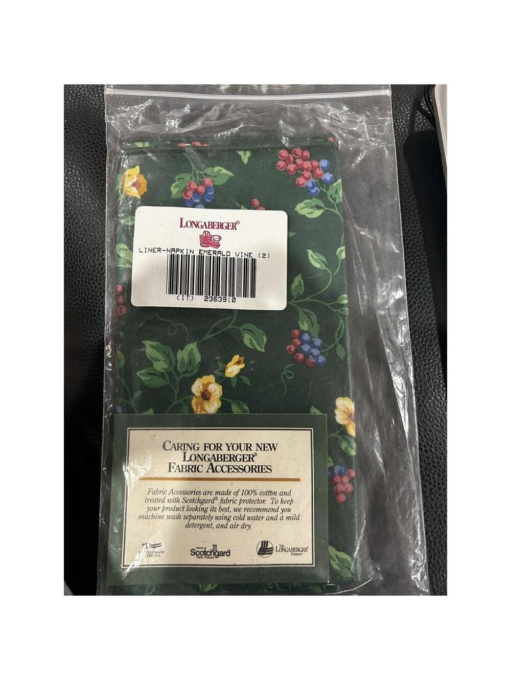 Longaberger Baskets Emerald Vine Napkins set of 2 NEW Fabric square green floral